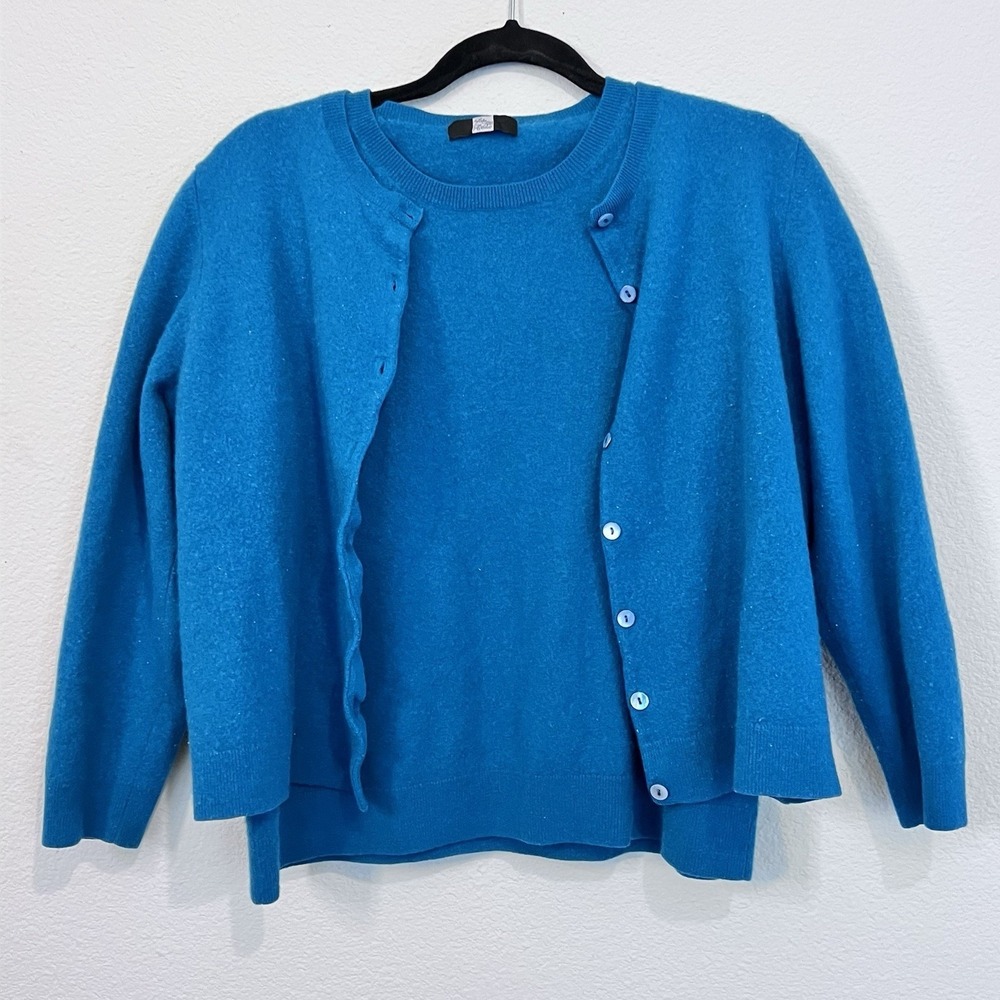 Two Piece Saks Fifth Avenue Cardigan T‎ Shirt Cashmere Wool Set READ Cobalt Blue